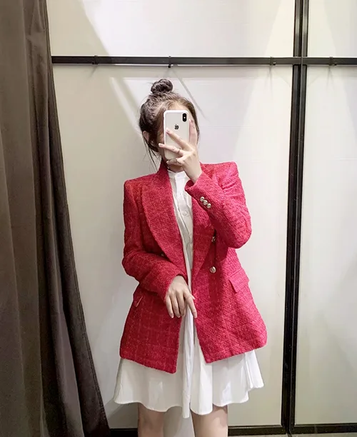 Blazer feminino rosa de tweed - imagem 6