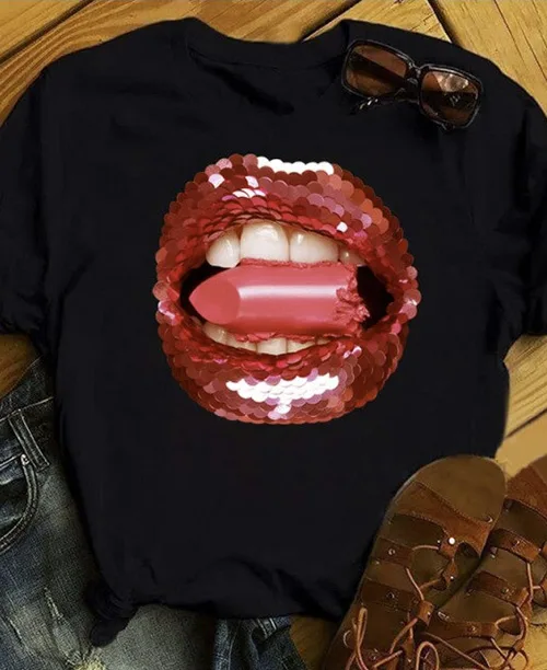 Camiseta preta feminina com estampa de boca - imagem 5