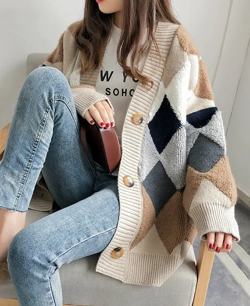 Cardigan xadrez feminino de tricô - imagem 3