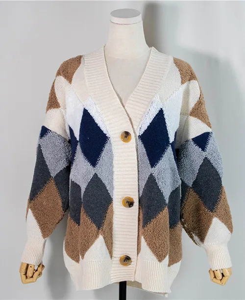 Cardigan xadrez feminino de tricô - imagem 4