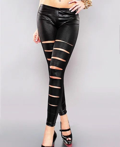 Legging rasgada preta de couro sintético - imagem 4