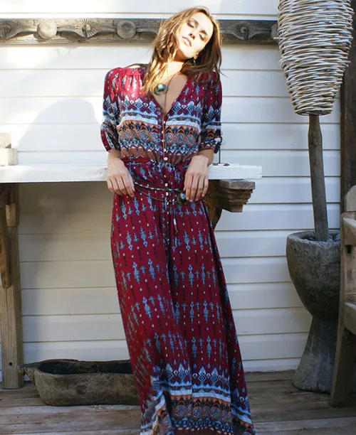 Vestido longo estampa étnica manga 3/4 - imagem 3
