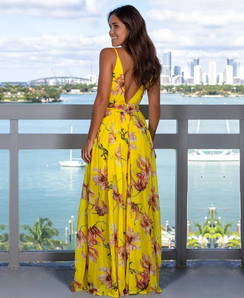 Vestido longo casual com fenda estampa amarela