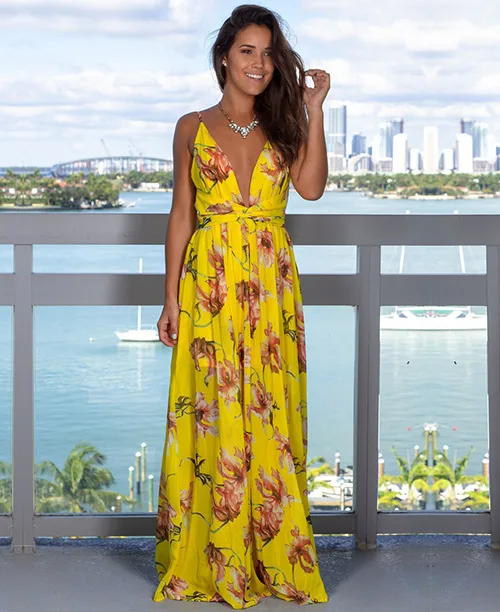 Vestido longo casual com fenda estampa amarela - imagem 3