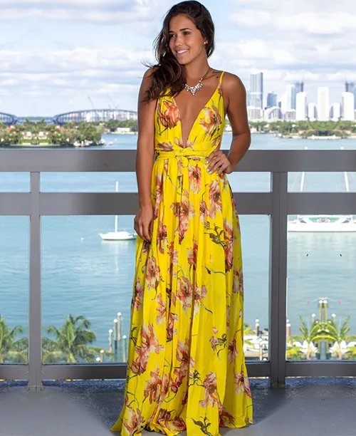 Vestido longo casual com fenda estampa amarela - imagem 4
