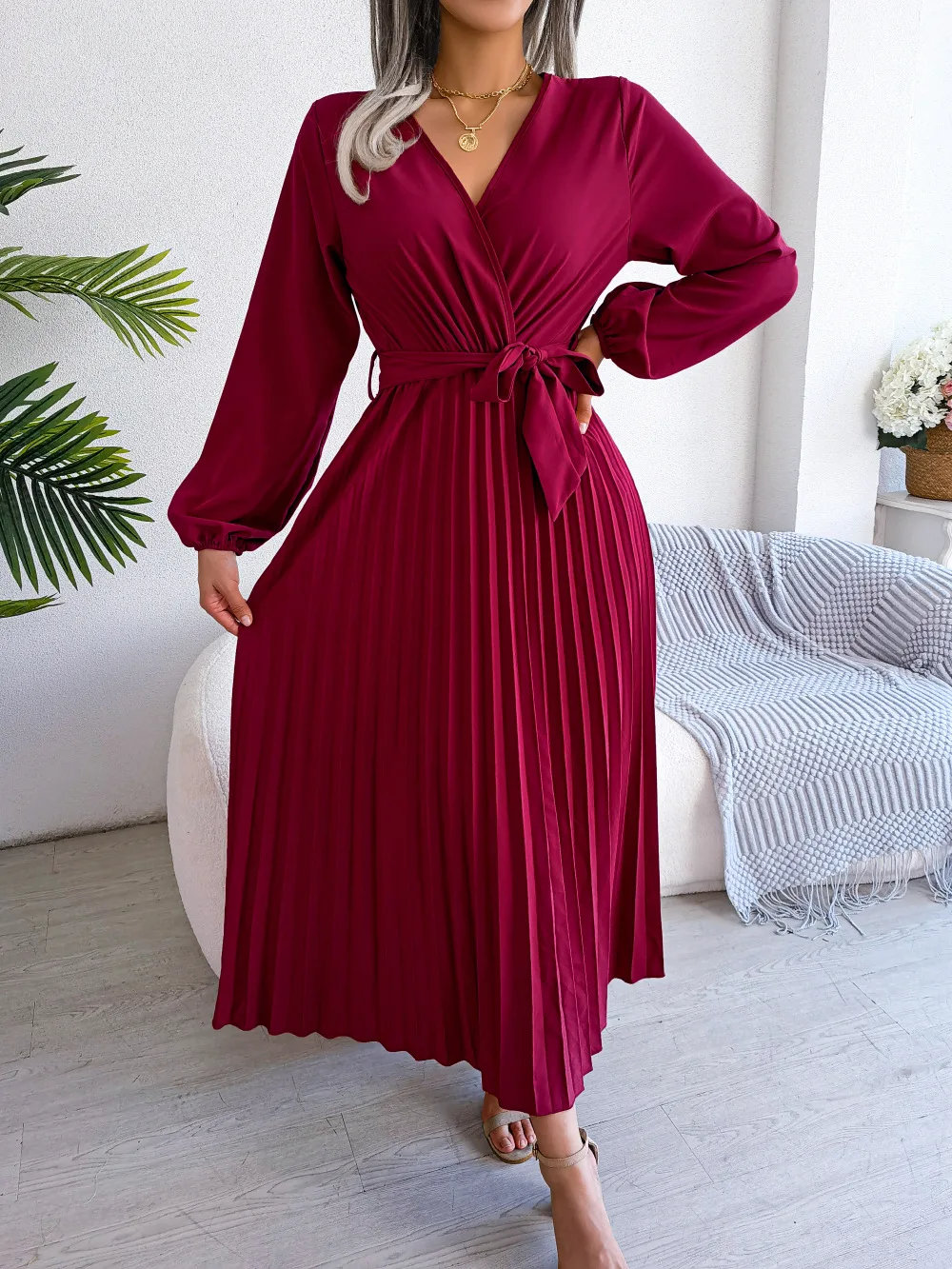 Vestido longo plissado com manga longa - imagem 3