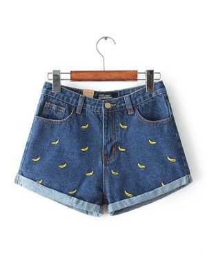 Shorts jeans feminino bananas bordadas