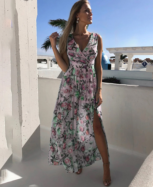 Vestido longo casual estampa floral com fenda