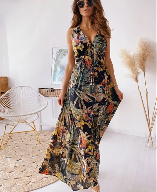 Vestido longo casual estampa tropical